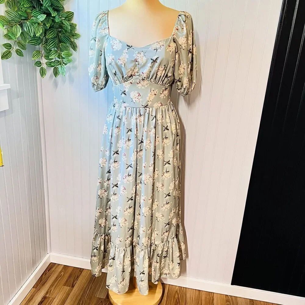 Shein Cottagecore Ruffled Stretch Waist Floral Dress Light Green Boho Long 0830
